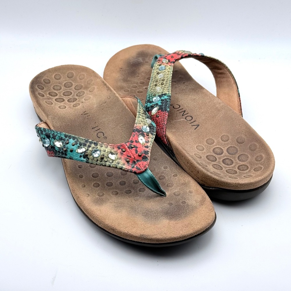 Vionic Lucia Flip Flop Women Size 11 Multicolor Snakeskin Rhinestone Orthotic